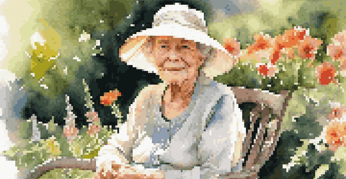 A smiling elderly woman in a garden filled with flowers, wearing a light dress and hat, illuminated by soft sunlight.