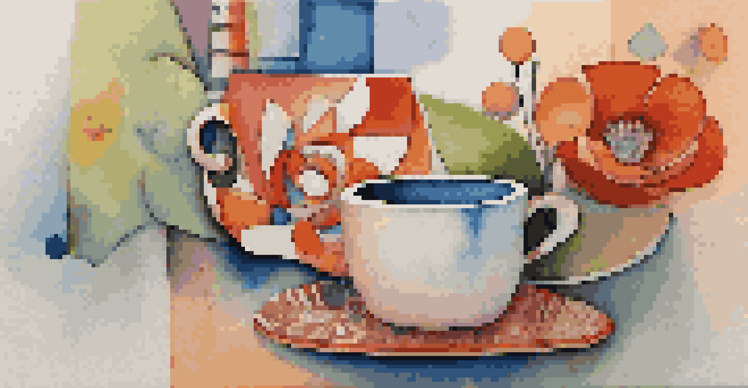 An abstract art piece featuring everyday objects like a coffee cup and flower pot, intertwined with bold colors and shapes.