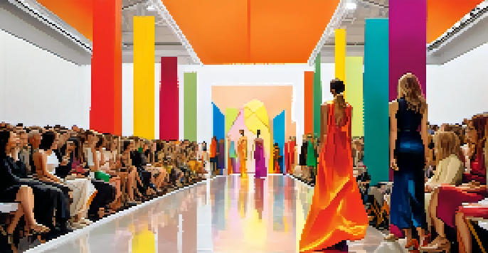 A fashion runway show with models walking beside colorful abstract sculptures, illuminated by warm lighting.