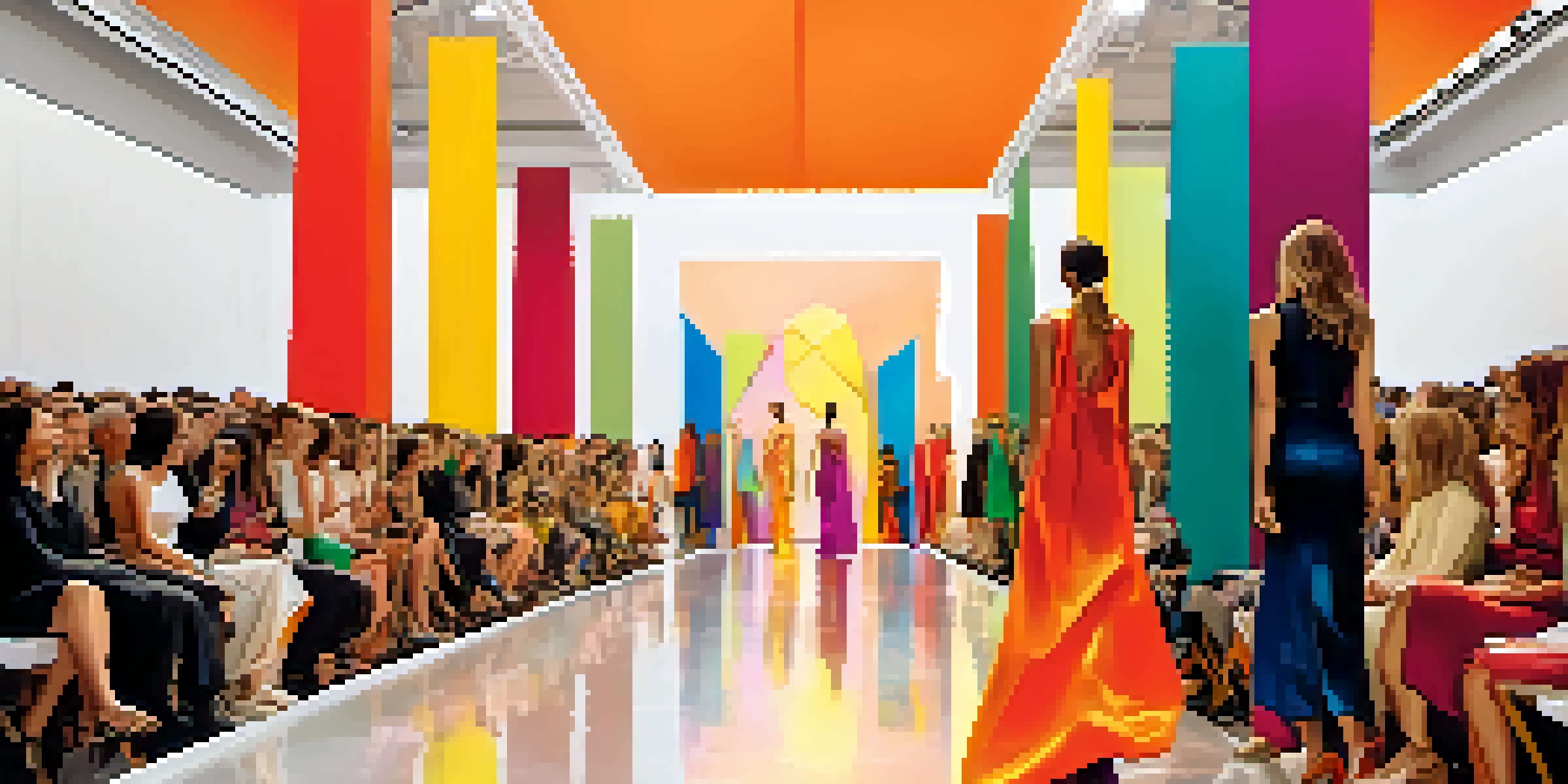 A fashion runway show with models walking beside colorful abstract sculptures, illuminated by warm lighting.