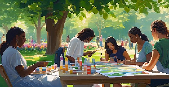 Participants of various backgrounds engage in an outdoor art therapy session, painting in a lush green park filled with flowers and trees under sunlight.