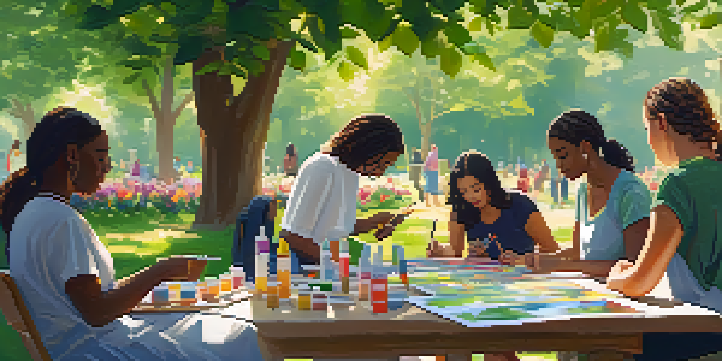 Participants of various backgrounds engage in an outdoor art therapy session, painting in a lush green park filled with flowers and trees under sunlight.