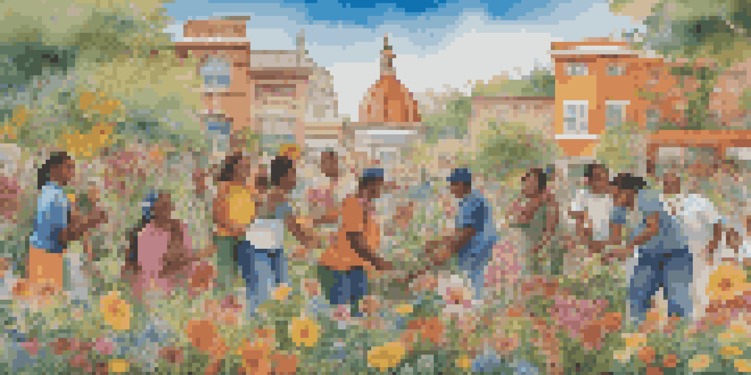 A mural illustrating people from different cultures collaborating in a vibrant setting, symbolizing unity and diversity.