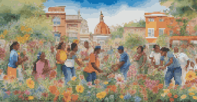 A mural illustrating people from different cultures collaborating in a vibrant setting, symbolizing unity and diversity.