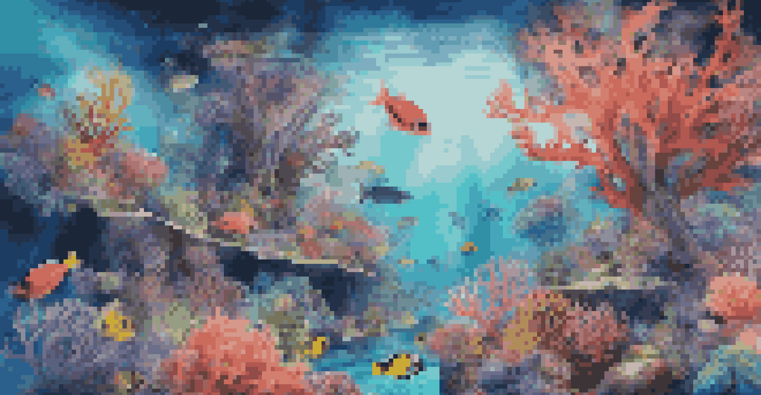 A digital art installation showcasing a virtual coral reef, with people wearing VR headsets, exploring the colorful underwater environment.
