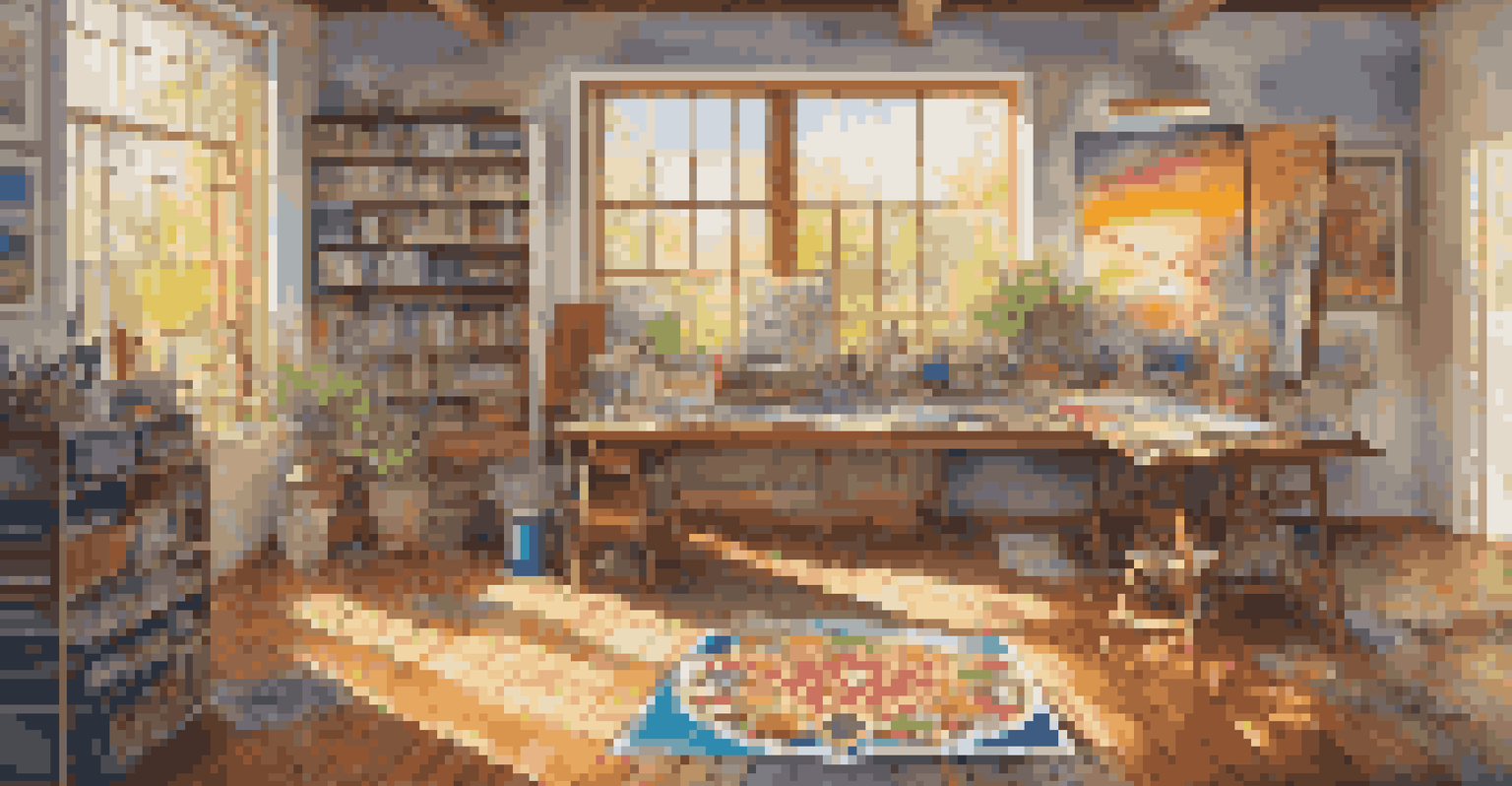 An artist's studio with vibrant colors, abstract paintings on the walls, and sunlight reflecting on the wooden floor, featuring a half-finished mandala canvas.
