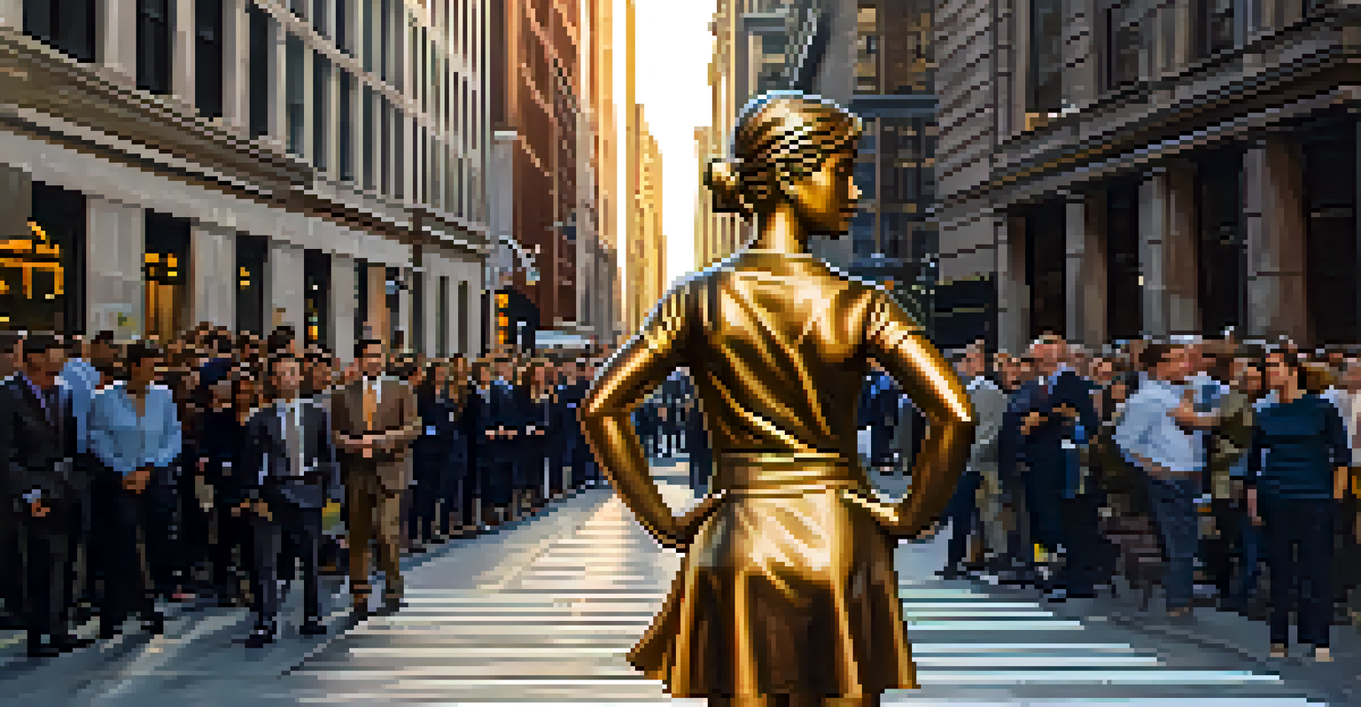 A close-up of the 'Fearless Girl' statue on Wall Street, illuminated by golden hour light, with blurred business people in the background.