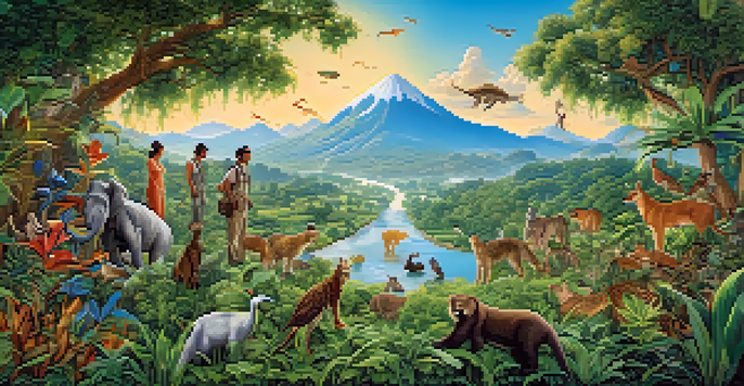 A colorful mural of a green landscape with endangered species, illuminated by golden sunlight, with people admiring it in the foreground.