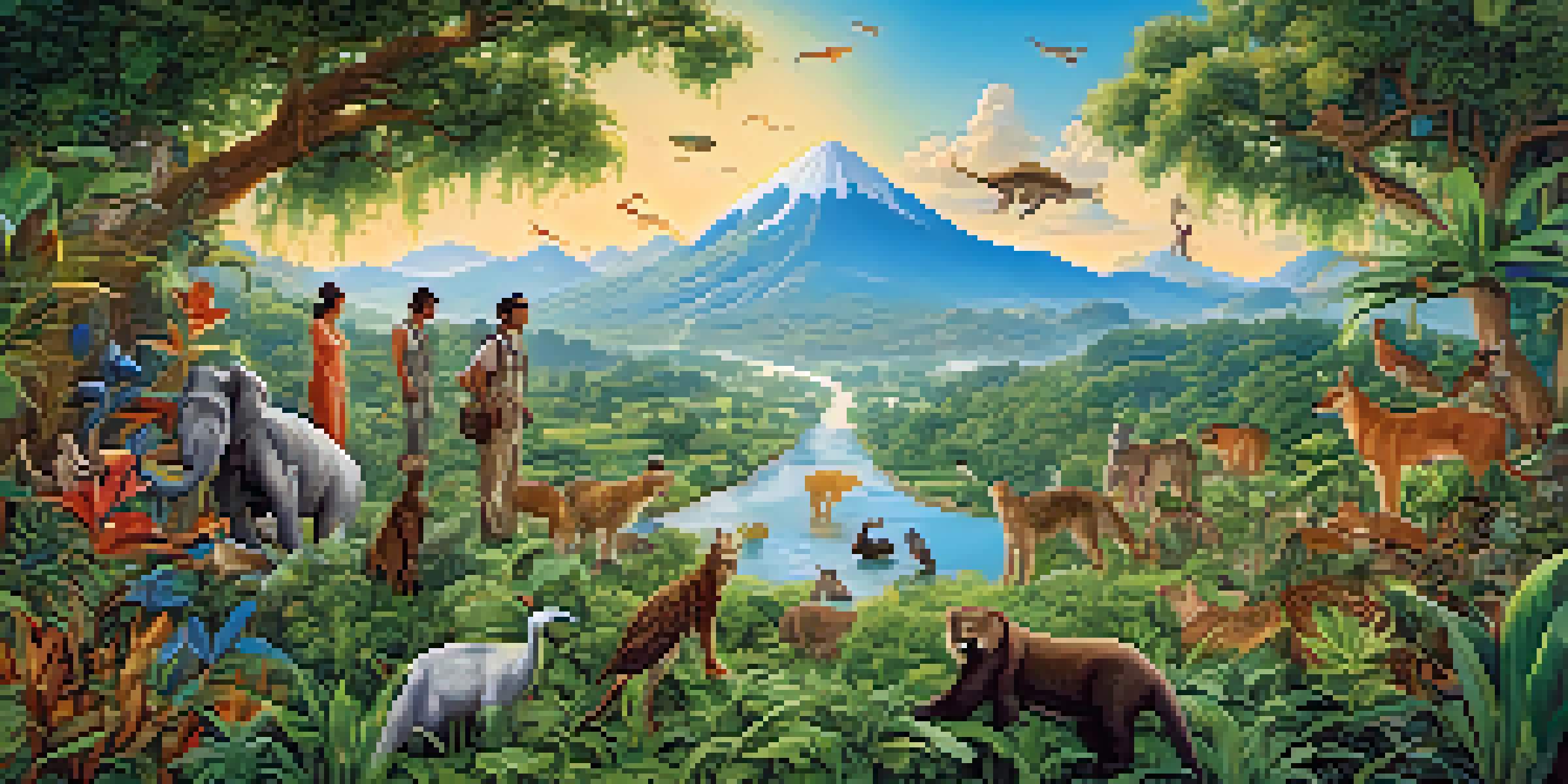 A colorful mural of a green landscape with endangered species, illuminated by golden sunlight, with people admiring it in the foreground.