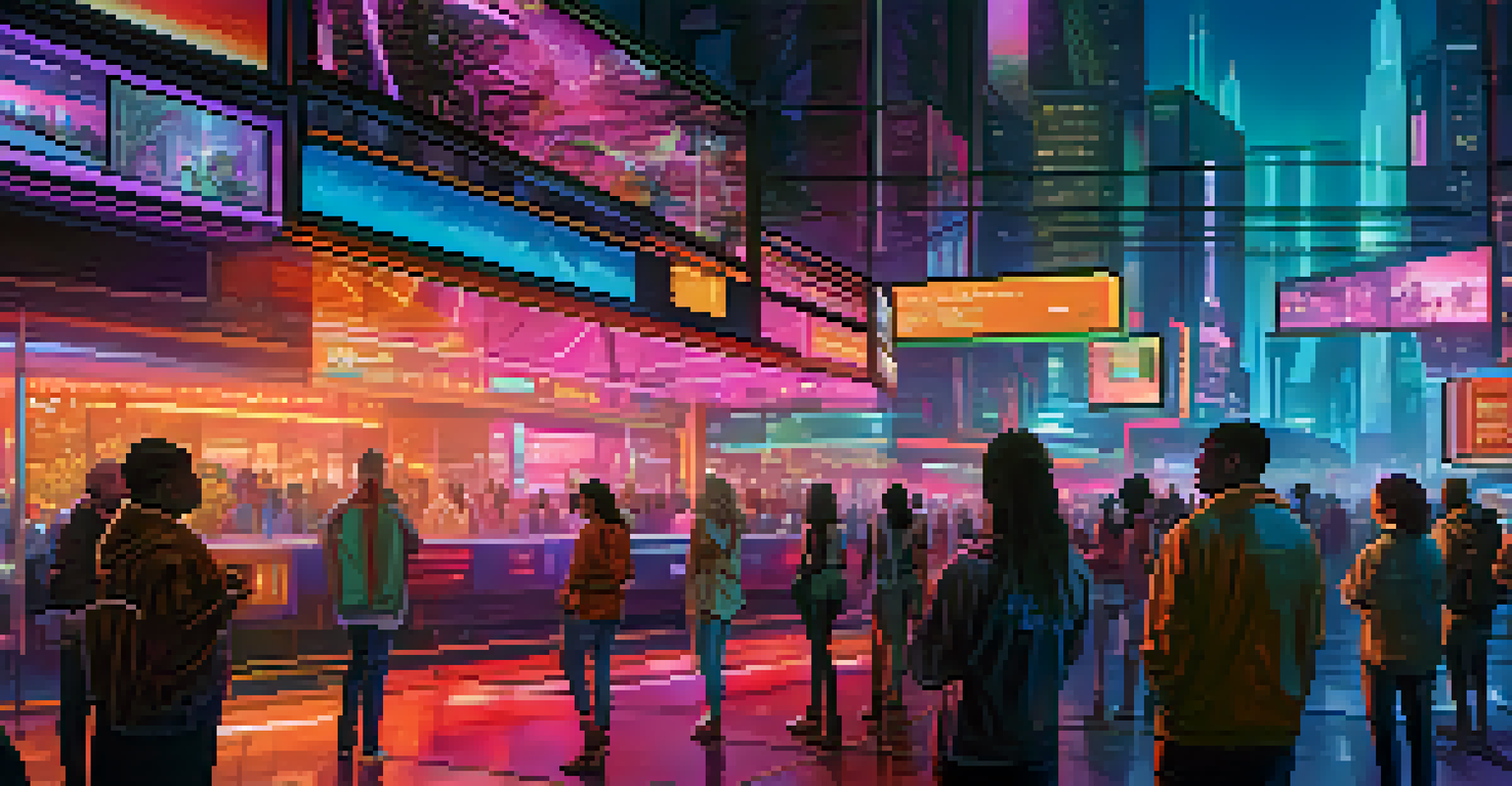 A futuristic cityscape illuminated by neon lights, featuring digital screens with social justice messages and diverse people engaging in discussions and art.