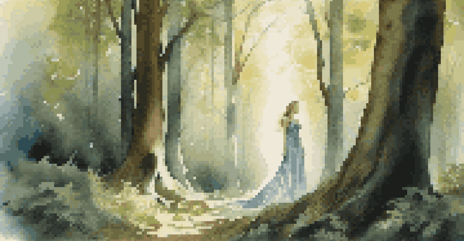 A model in a flowing gown inspired by Norse mythology, standing in a serene forest with sunlight filtering through the trees.