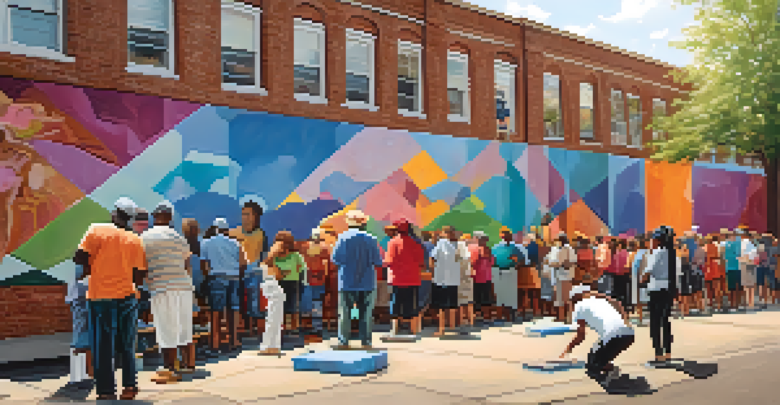 An artist and community members collaborating on a colorful mural, capturing the joy of creation and involvement.