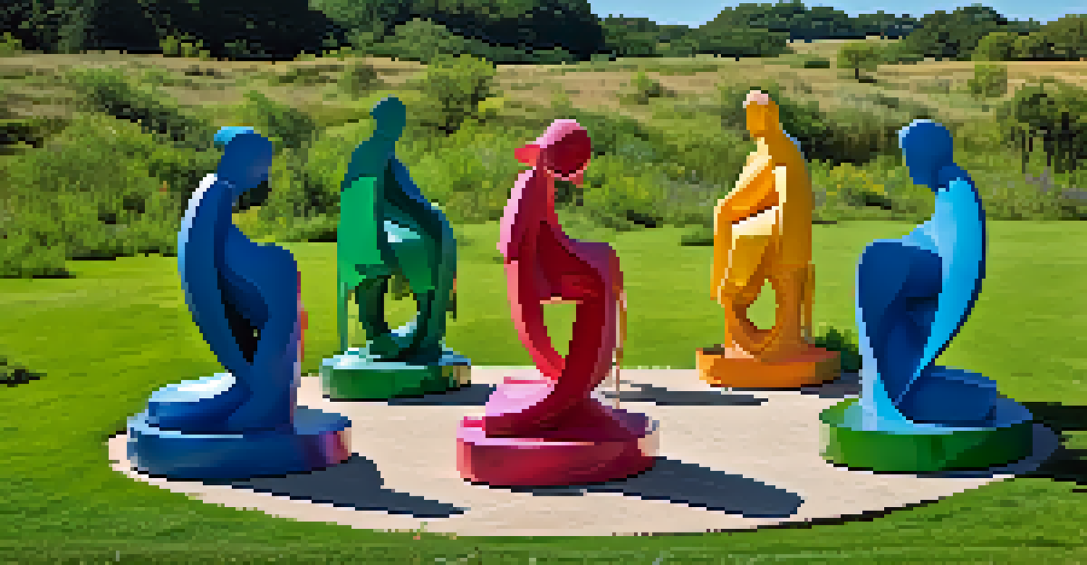 A circular arrangement of colorful sculptures made from recycled materials, set in a natural environment, symbolizing environmental unity.