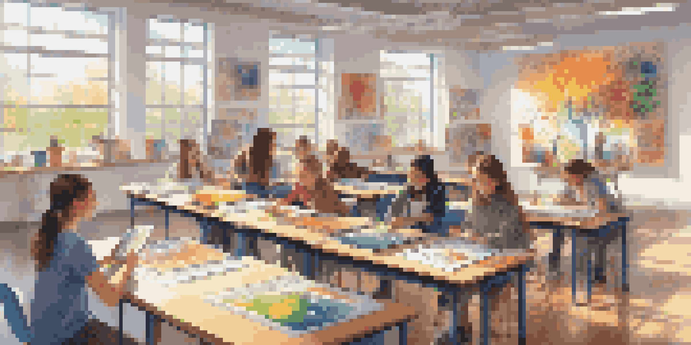 A lively art classroom where students are using tablets and smartboards, collaborating on art projects under bright natural light.