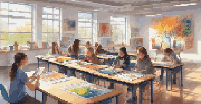 A lively art classroom where students are using tablets and smartboards, collaborating on art projects under bright natural light.