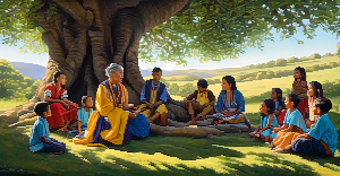 A traditional storyteller in colorful attire sitting under a large tree, telling a story to captivated children in a sunny outdoor setting.
