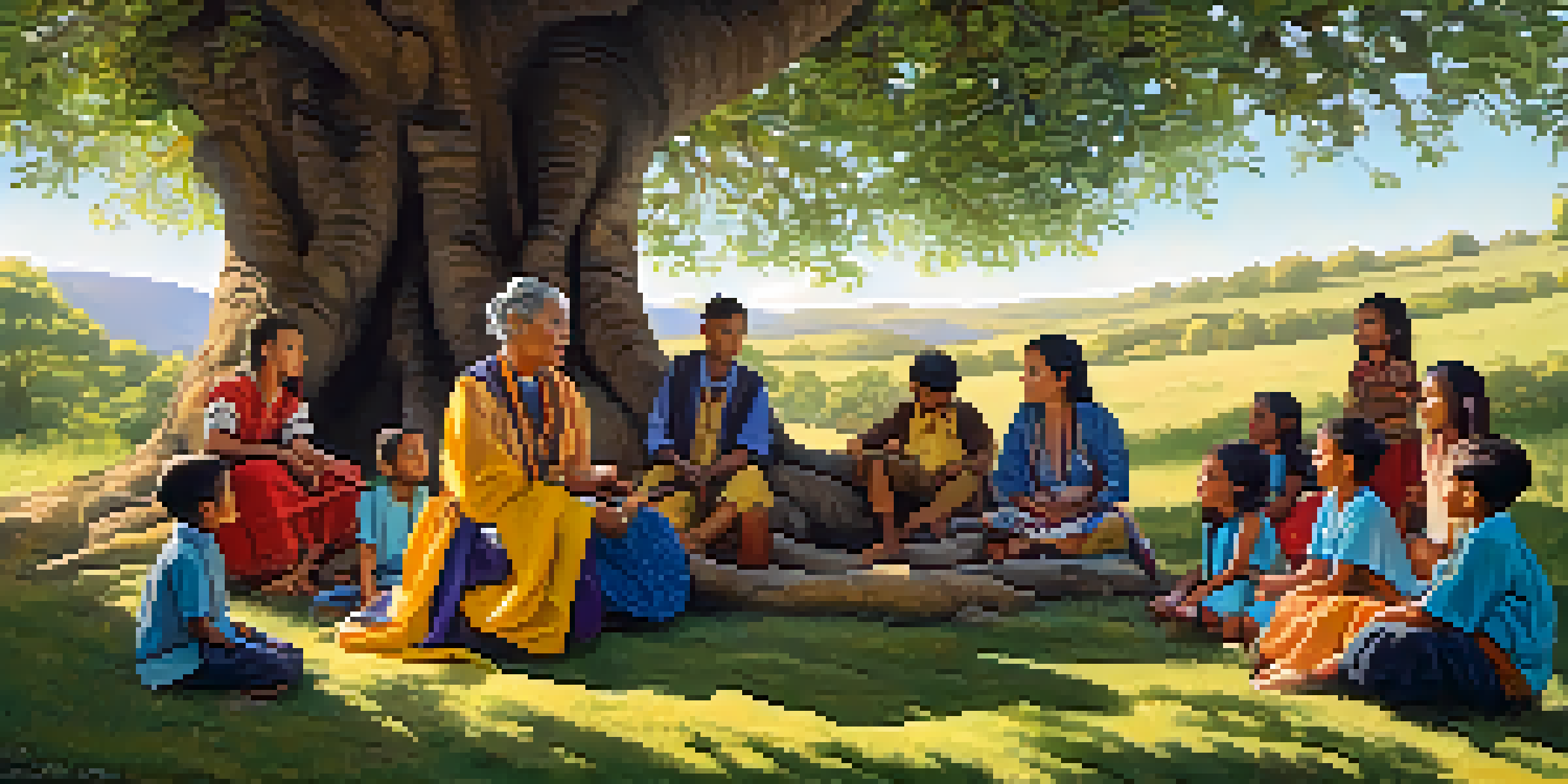A traditional storyteller in colorful attire sitting under a large tree, telling a story to captivated children in a sunny outdoor setting.