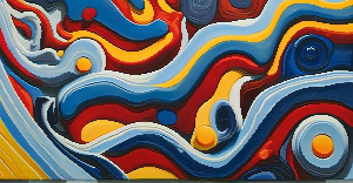 A close-up of a textured canvas with thick layers of vibrant paint in swirling patterns, showcasing depth and light shadows.
