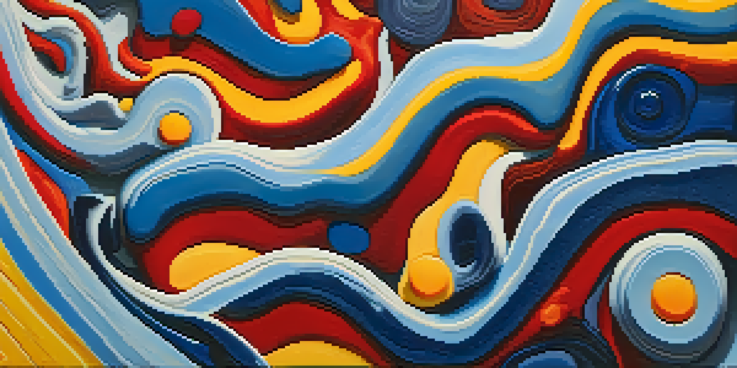 A close-up of a textured canvas with thick layers of vibrant paint in swirling patterns, showcasing depth and light shadows.