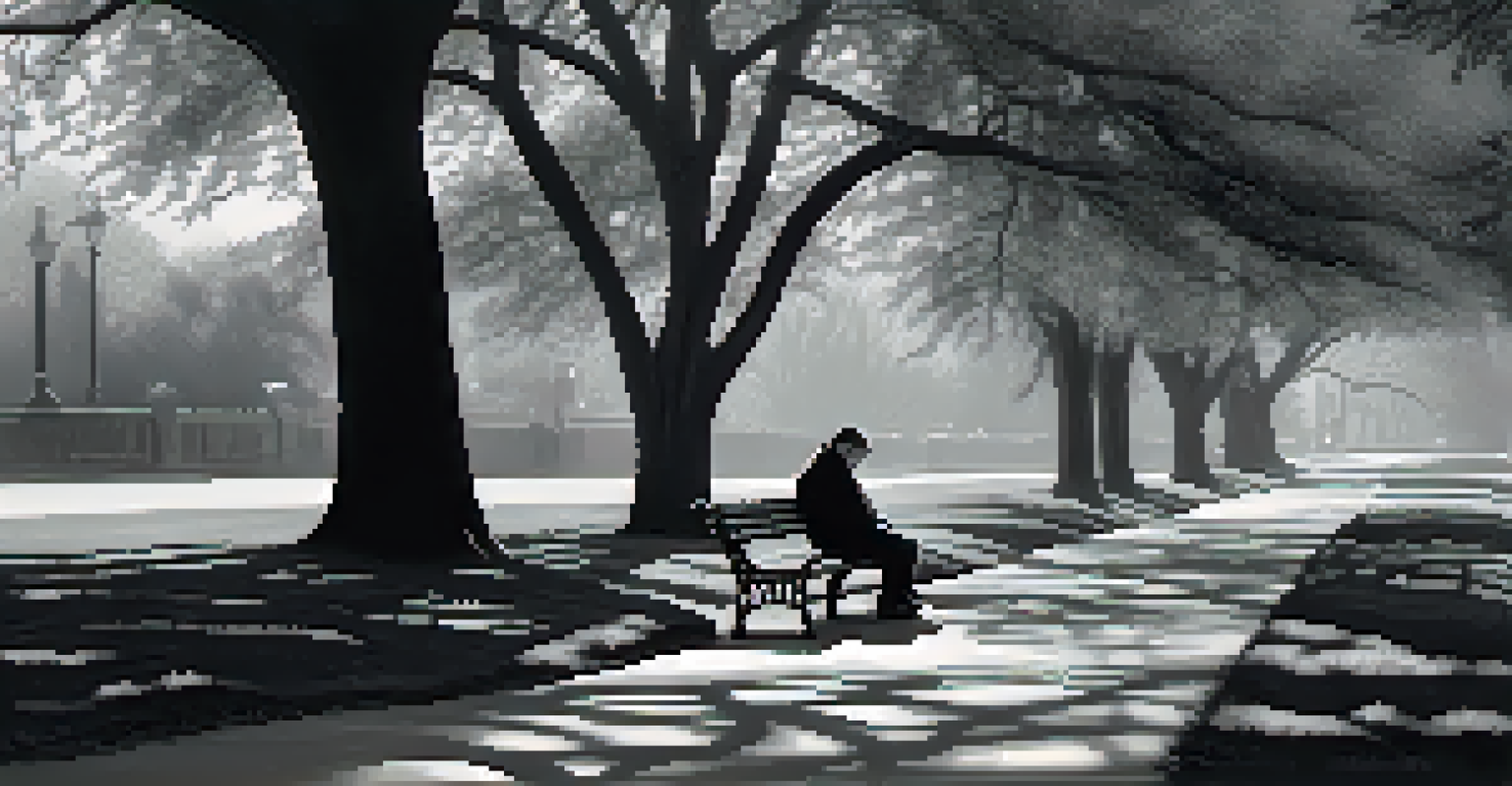 A black and white portrait of a thoughtful person sitting on a bench, surrounded by softly blurred trees, capturing a moment of contemplation.