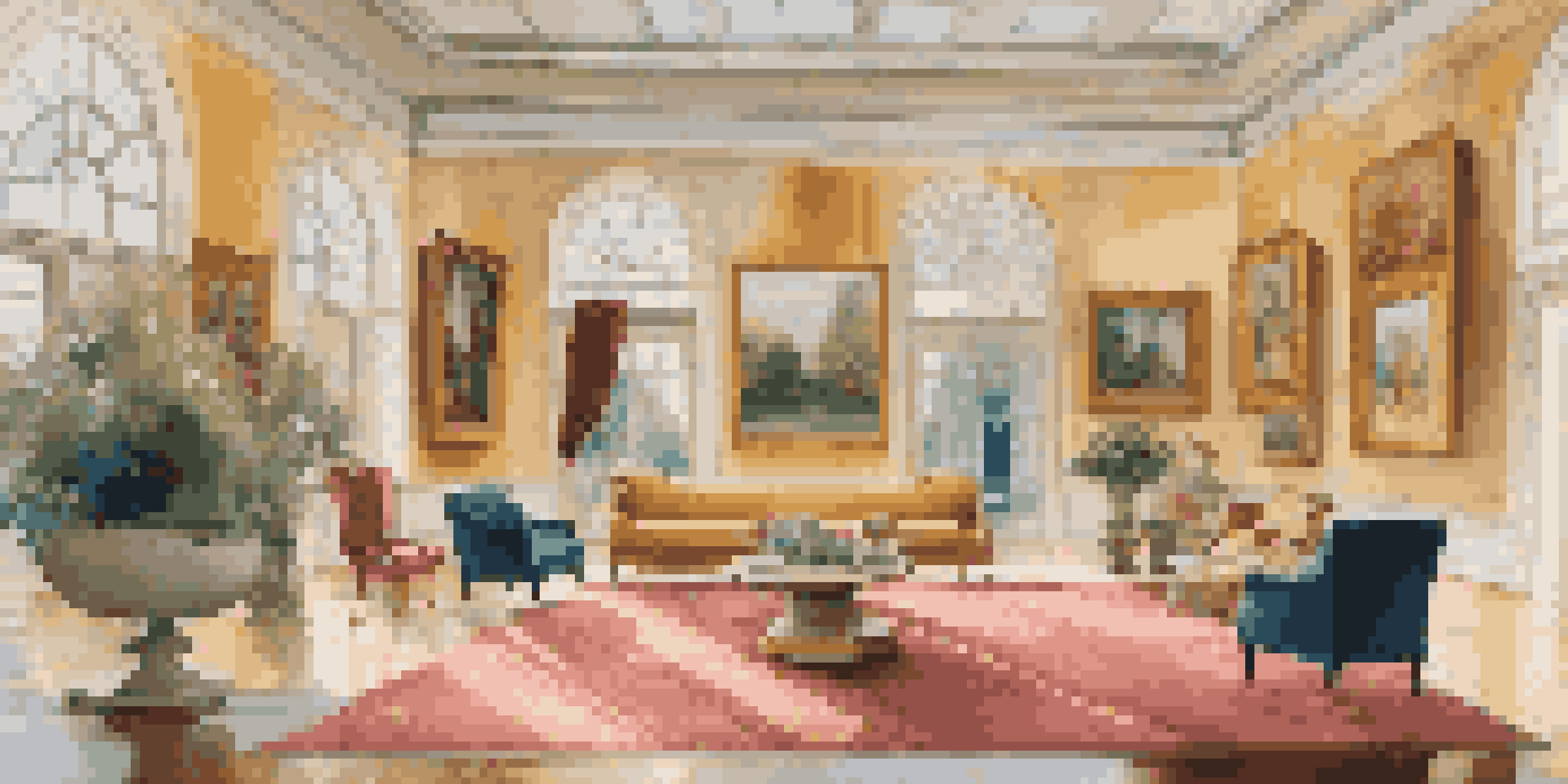 An elegant art gallery featuring contemporary paintings and a sculpture, with warm lighting and plush seating.