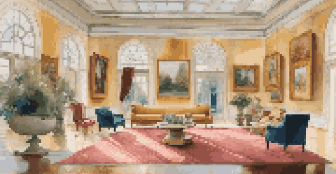 An elegant art gallery featuring contemporary paintings and a sculpture, with warm lighting and plush seating.