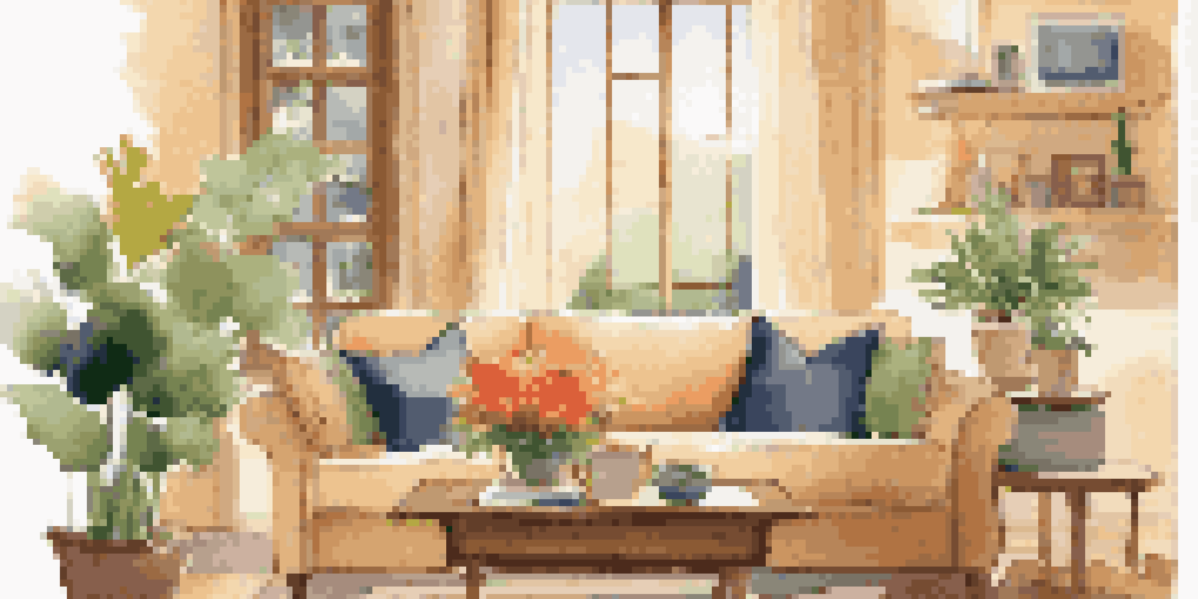 A cozy living room with a beige sofa and colorful pillows, a wooden coffee table with a mug and book, and a large window letting in golden sunlight.