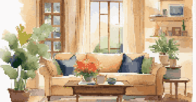 A cozy living room with a beige sofa and colorful pillows, a wooden coffee table with a mug and book, and a large window letting in golden sunlight.