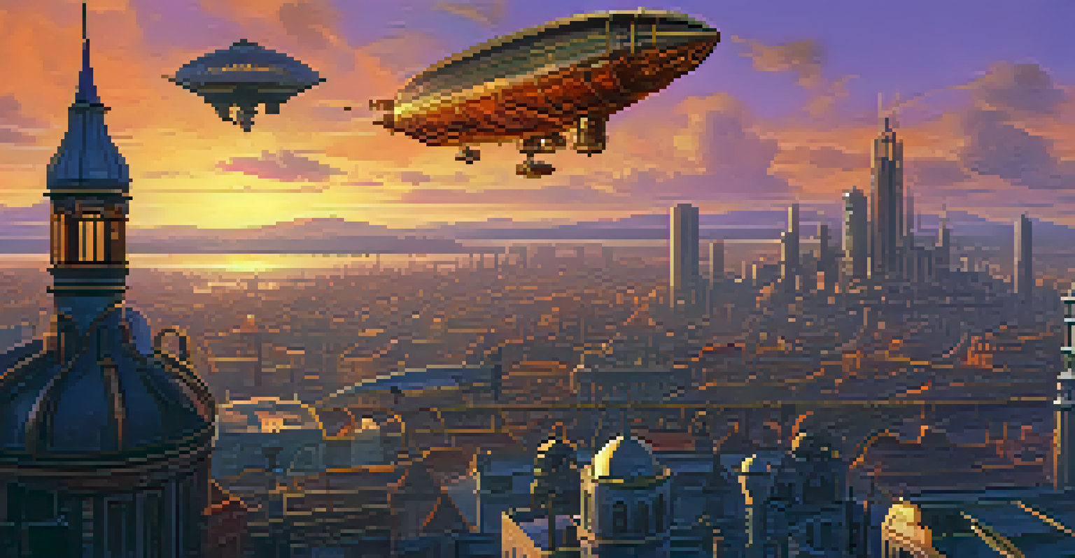 A steampunk city at sunset with brass buildings, warm orange and purple sky, and airships in the background, creating an adventurous atmosphere.