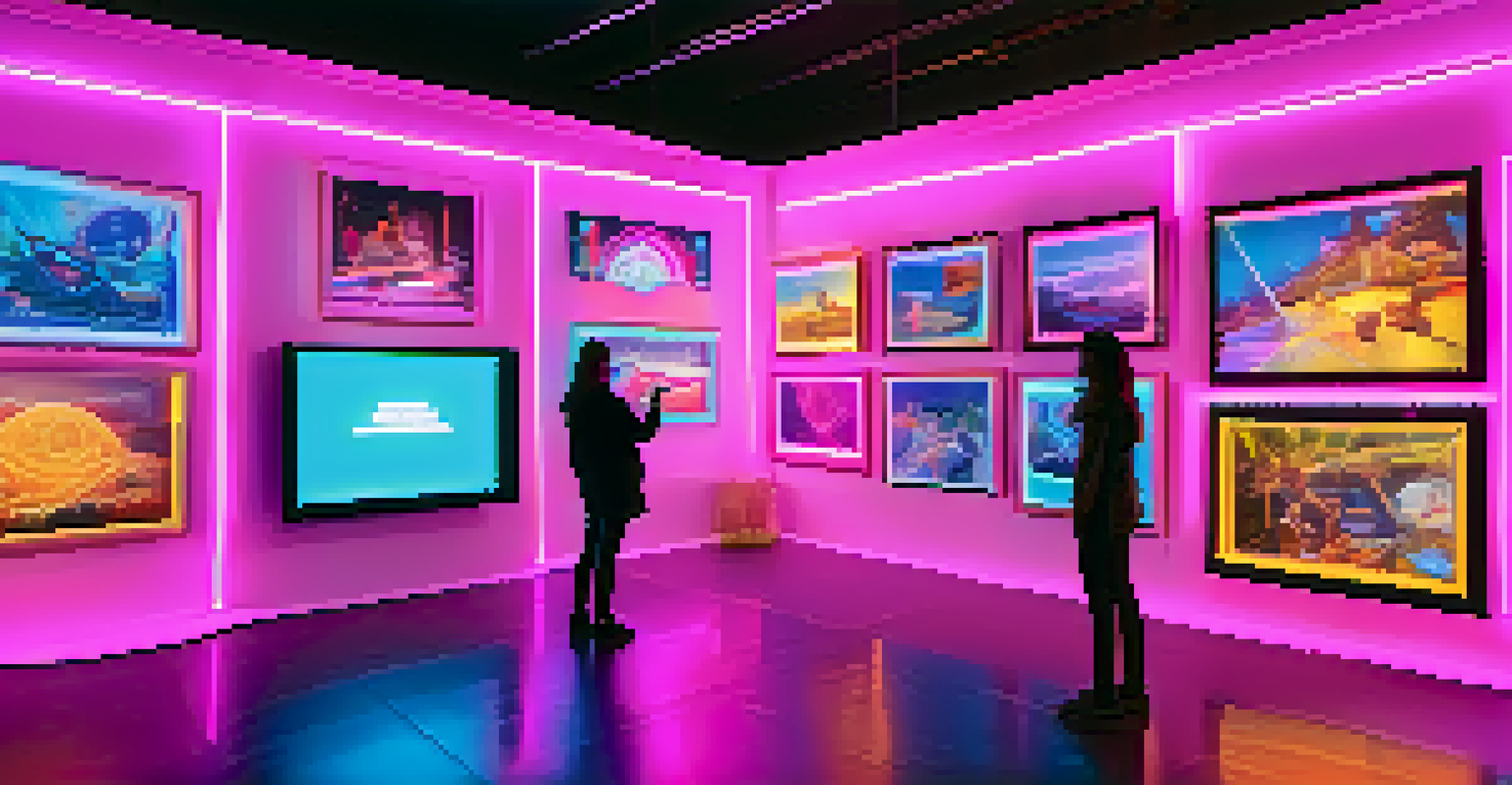 A futuristic virtual reality gallery with visitors interacting with 3D NFT art in a colorful, immersive environment.