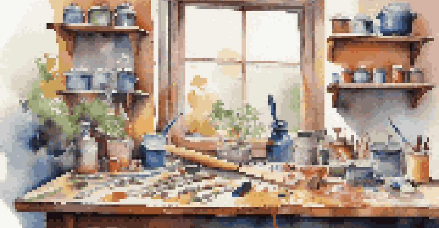 An artist's workspace with unconventional art tools such as kitchen utensils and natural materials, showcasing a vibrant and playful atmosphere.