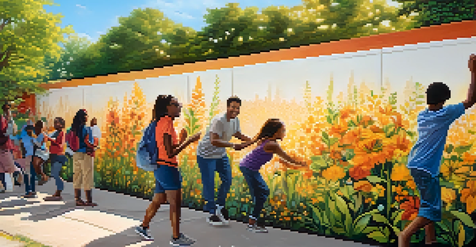 A colorful mural illustrating diverse people involved in art activities, with flowers and trees in a sunny environment.