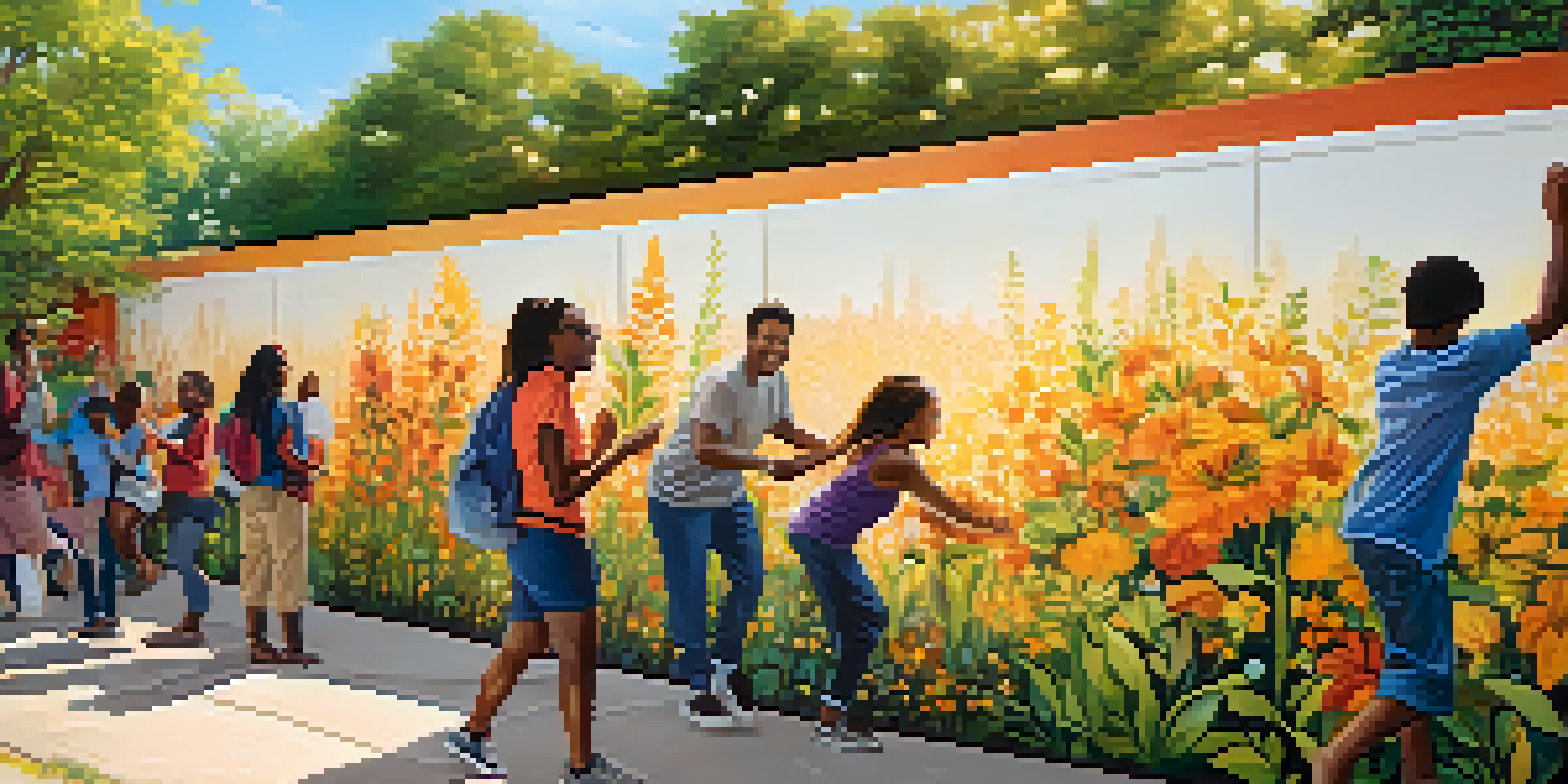 A colorful mural illustrating diverse people involved in art activities, with flowers and trees in a sunny environment.