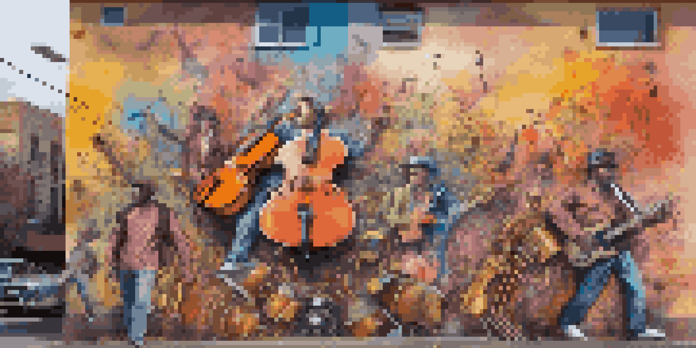 A colorful mural of a musician with musical notes and instruments in an urban setting.