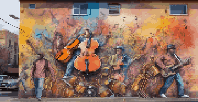 A colorful mural of a musician with musical notes and instruments in an urban setting.