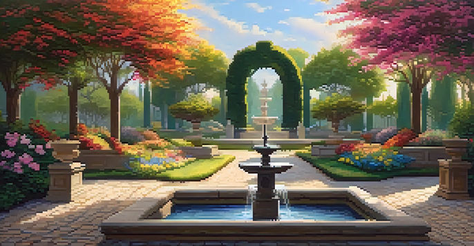 A vibrant Renaissance-inspired garden with colorful flowers, a classical fountain, and soft sunlight filtering through the trees.