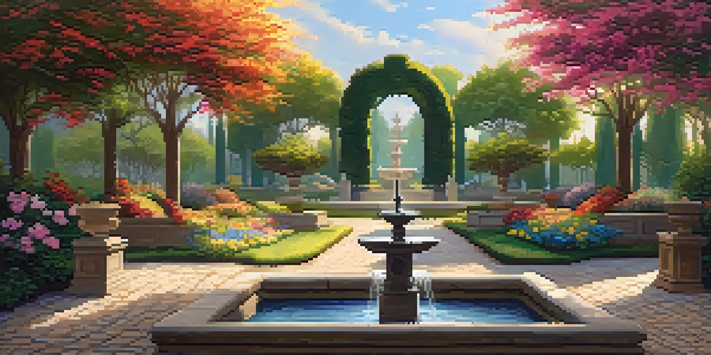 A vibrant Renaissance-inspired garden with colorful flowers, a classical fountain, and soft sunlight filtering through the trees.