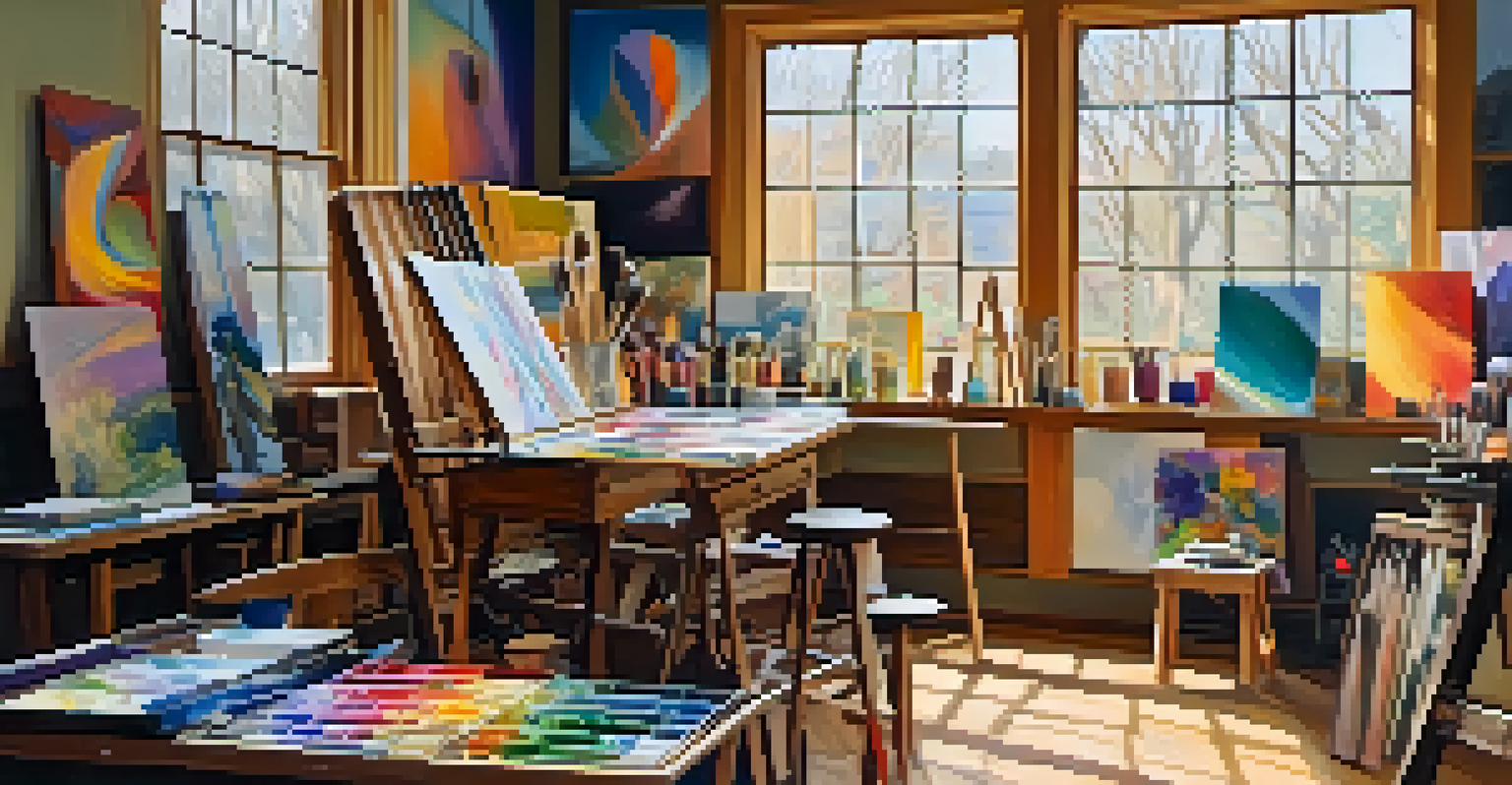 An artist's studio filled with colorful canvases and natural light illuminating the space.