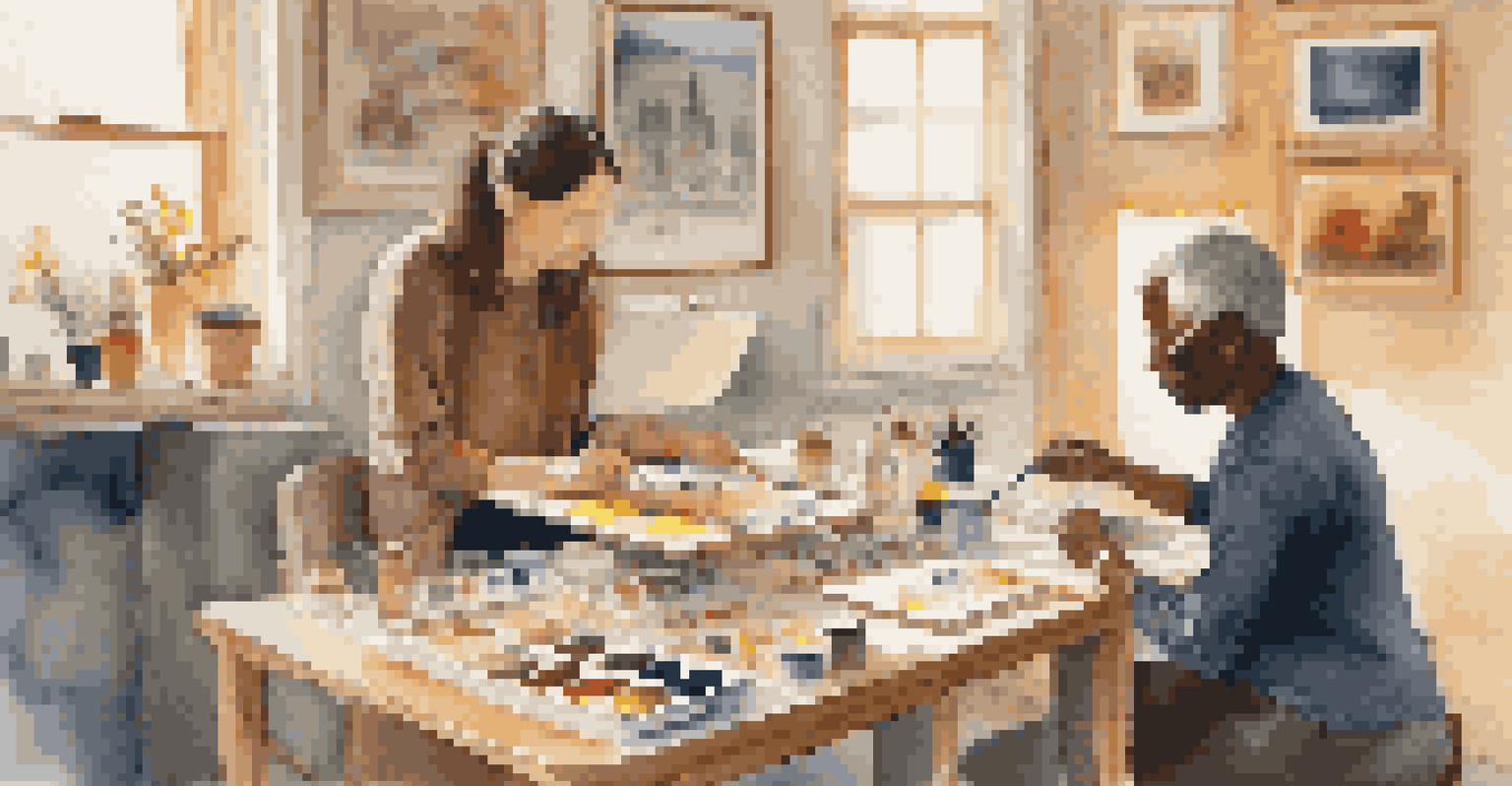 A person engaged in an art therapy session, painting on a canvas with a therapist present in a warm, cozy room.