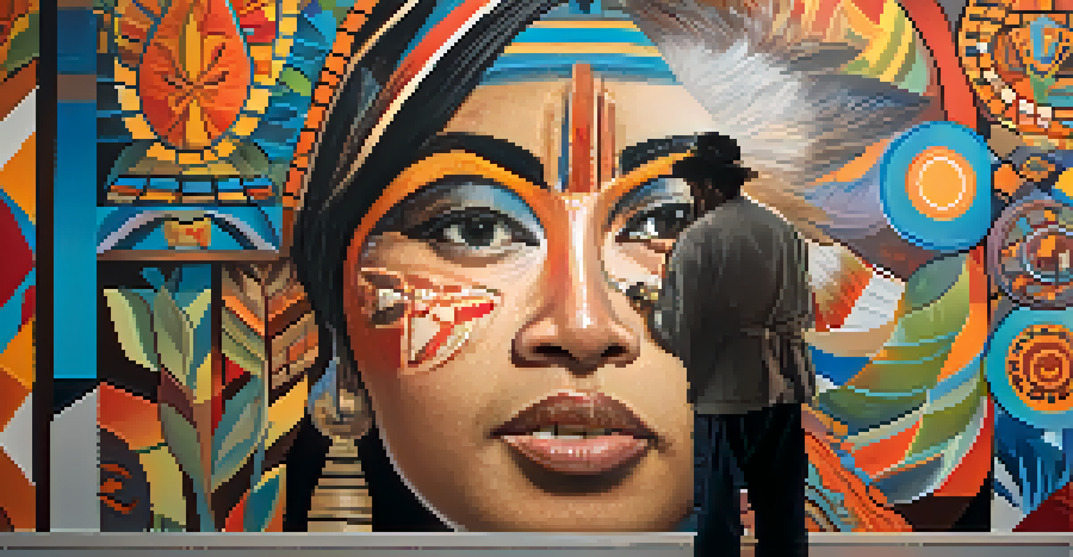 An Indigenous artist painting a vibrant mural filled with traditional symbols, focused on their work with natural light enhancing the colors.