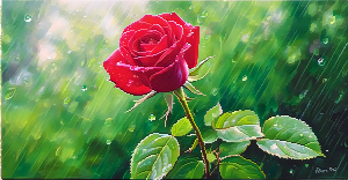 A vibrant red rose with dew droplets on its petals, set against a blurred green leaf background.