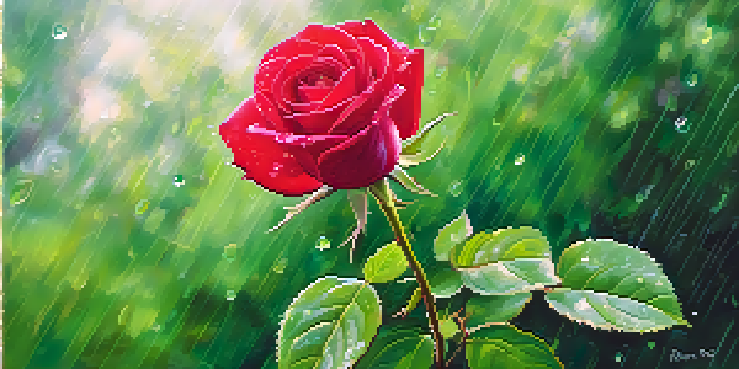 A vibrant red rose with dew droplets on its petals, set against a blurred green leaf background.