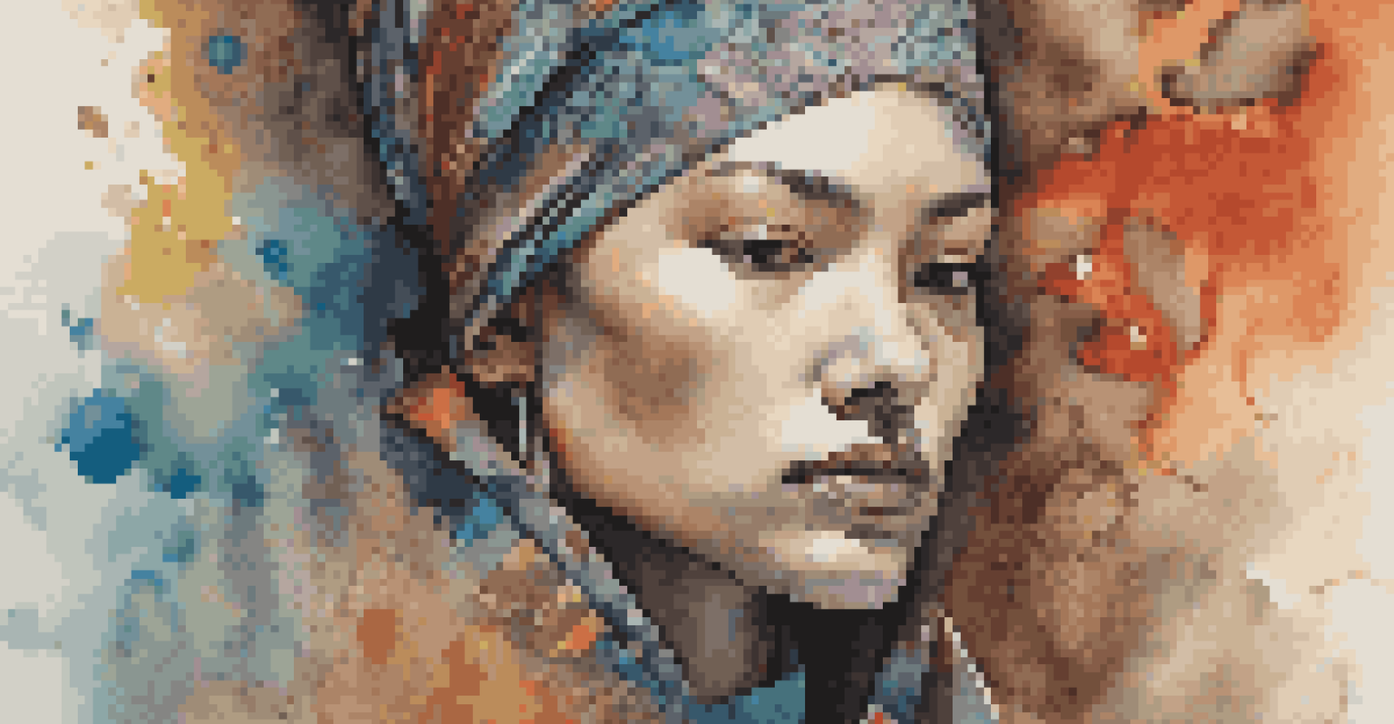 A close-up of a vibrant painting showing an abstract figure representing fluid gender identity, with visible brush strokes and rich colors.