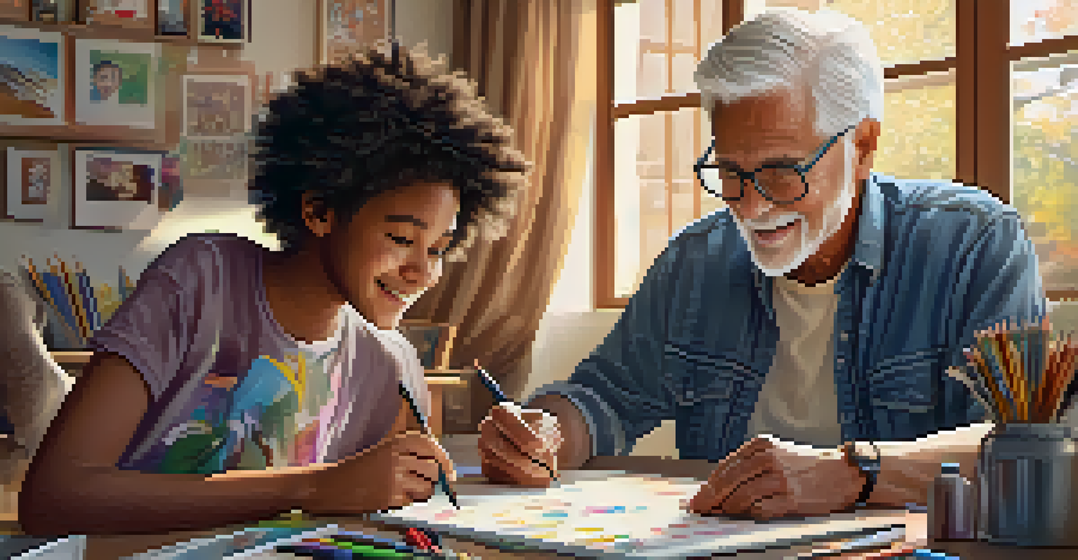 A teenager and grandparent happily working together on a digital art project, surrounded by art supplies and family photos.