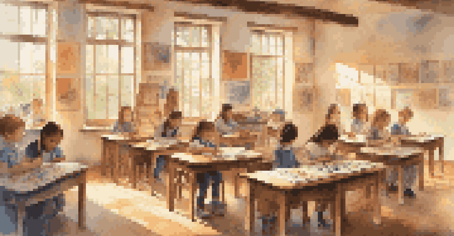 A classroom with children participating in different art activities, illuminated by sunlight, with their artwork displayed around the room.