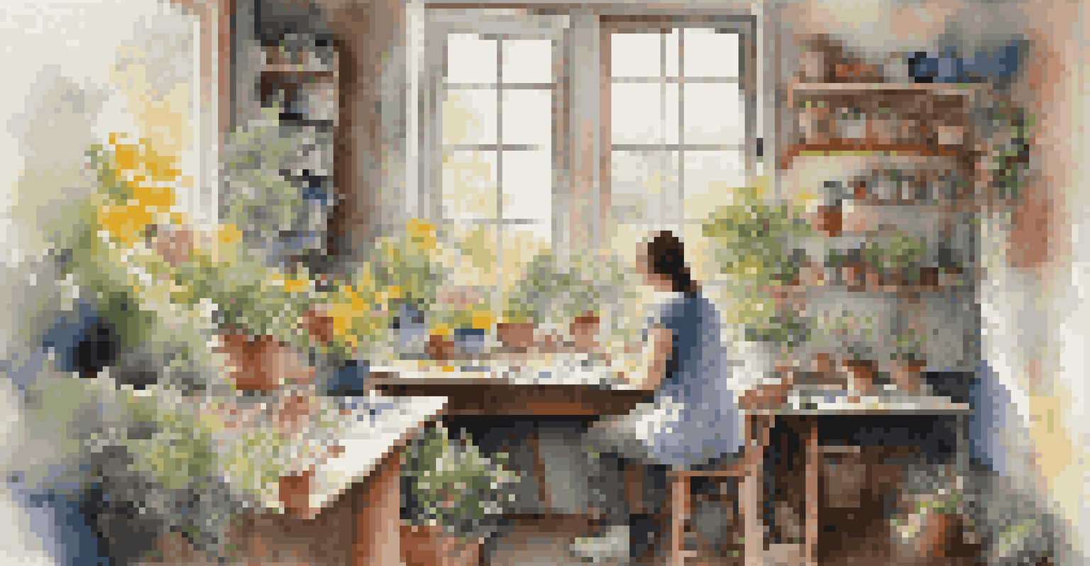 An artist's studio with a painter working on a canvas, surrounded by colorful art and a view of a lush garden outside.