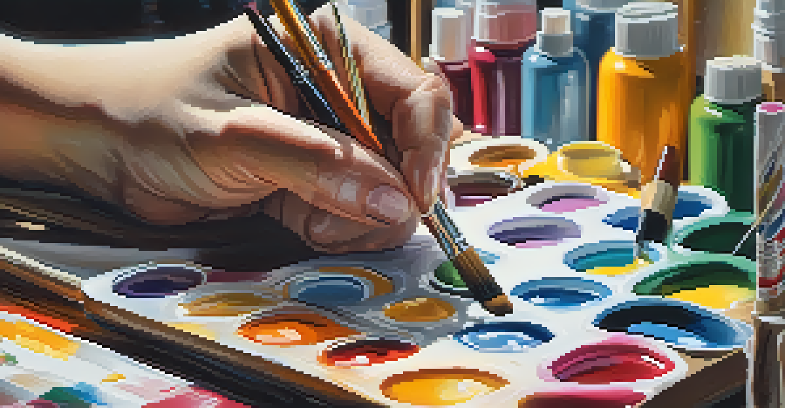 An artist's hand painting on a vibrant canvas, surrounded by colorful paint tubes and brushes in a bright studio.