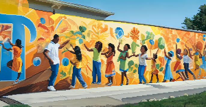 A colorful mural on an outdoor wall showing diverse people participating in cultural art activities, surrounded by nature and sunlight.