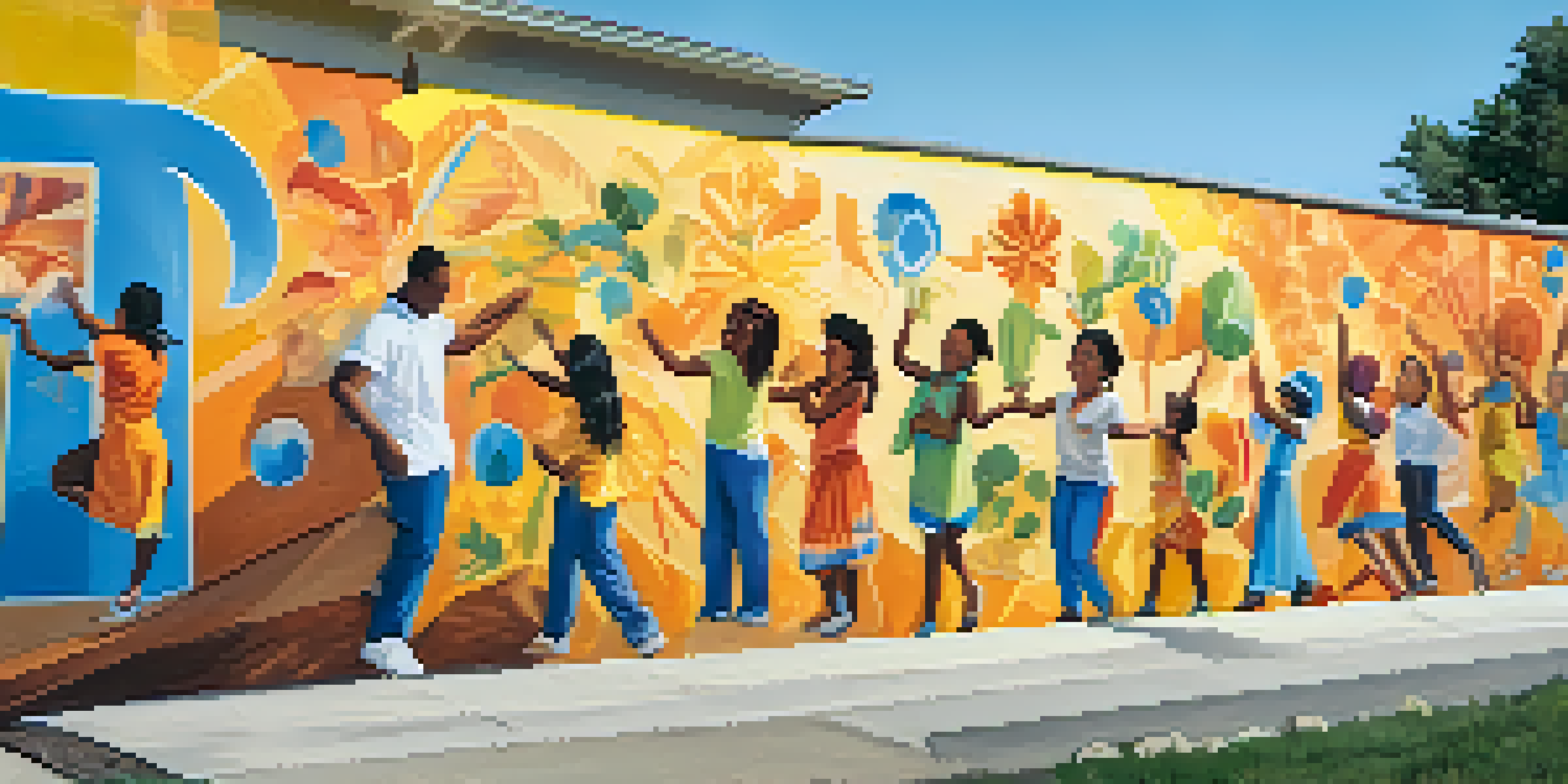 A colorful mural on an outdoor wall showing diverse people participating in cultural art activities, surrounded by nature and sunlight.