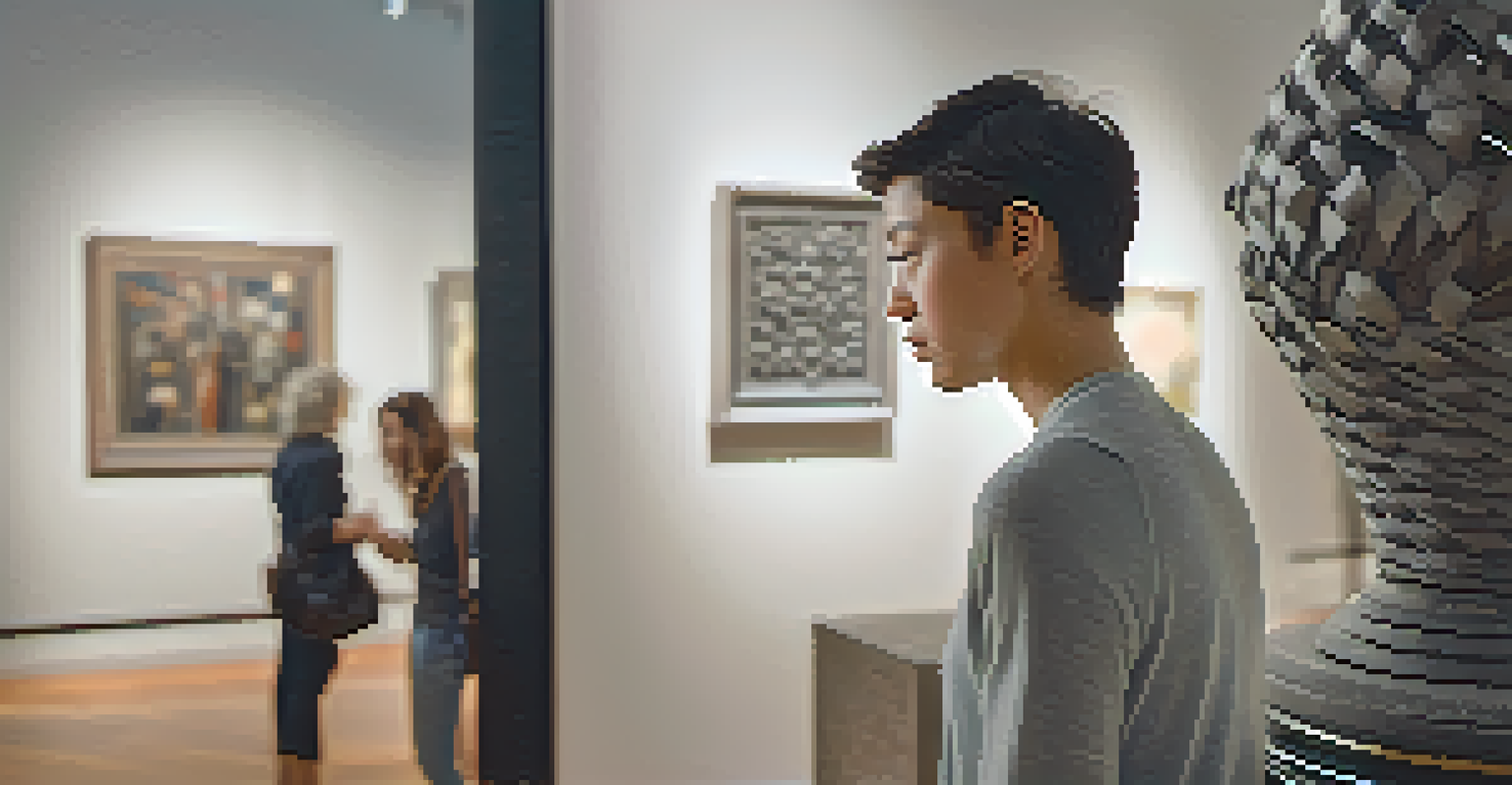 A patron closely examining a detailed sculpture in a modern art gallery, with blurred artworks in the background.